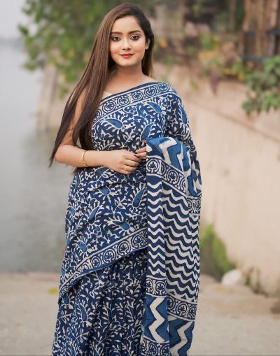 1 Min Indigo Blue Linen Silk Stitched Readymade Saree - BONYHUBSAREE