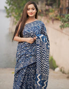 1 Min Indigo Blue Linen Silk Stitched Readymade Saree - BONYHUBSAREE