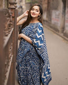 1 Min Indigo Blue Linen Silk Stitched Readymade Saree - BONYHUBSAREE