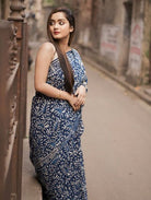 1 Min Indigo Blue Linen Silk Stitched Readymade Saree - BONYHUBSAREE