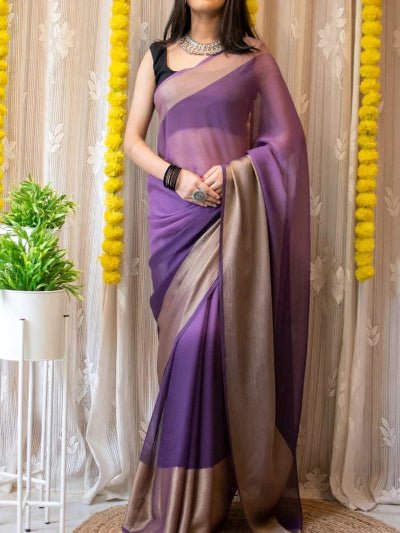 1 Min Lavender Chiffon Silk Stitched Readymade Saree - BONYHUBSAREE