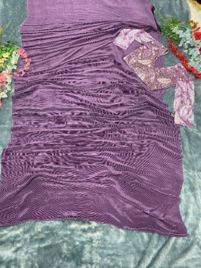 1 Min Lavender Embellished Crush Work Stitched Readymade Saree - BONYHUBSAREE