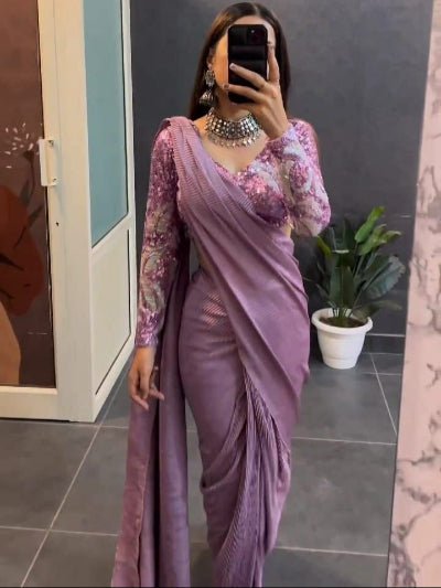 1 Min Lavender Embellished Crush Work Stitched Readymade Saree - BONYHUBSAREE
