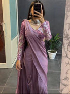 1 Min Lavender Embellished Crush Work Stitched Readymade Saree - BONYHUBSAREE