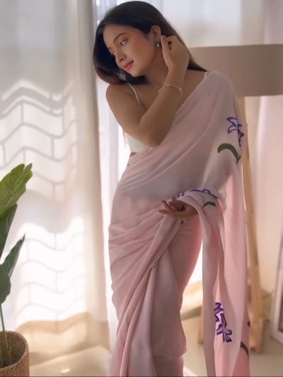 1 Min Light Pink Pure Georgette Stitched Readymade Saree - BONYHUBSAREE