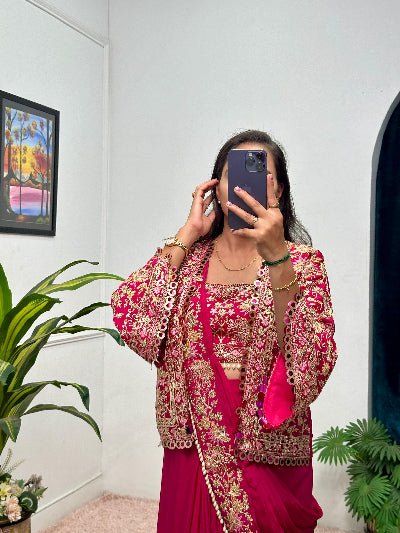 1 Min Magenta Embroidered Ready to Wear Stitched Saree Blouse &amp; Koti - BONYHUBSAREE