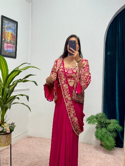 1 Min Magenta Embroidered Ready to Wear Stitched Saree Blouse &amp; Koti - BONYHUBSAREE