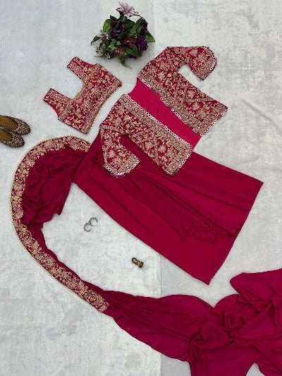 1 Min Magenta Embroidered Ready to Wear Stitched Saree Blouse &amp; Koti - BONYHUBSAREE