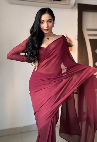1 Min Maroon Soft Georgette Stitched Readymade Saree - BONYHUBSAREE