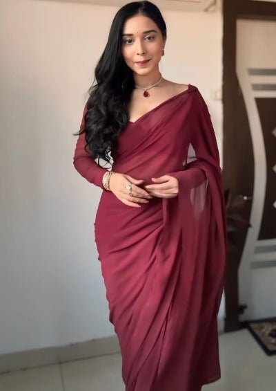 1 Min Maroon Soft Georgette Stitched Readymade Saree - BONYHUBSAREE