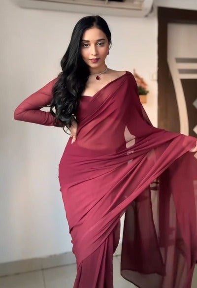 1 Min Maroon Soft Georgette Stitched Readymade Saree - BONYHUBSAREE