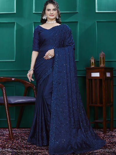 1 Min Navy Blue Designer Rangoli Silk Ready To Wear Saree - BONYHUBSAREE