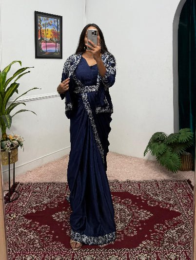 1 Min Navy Blue Embroidered Stitched Sari Blouse Koti UK Next Day - BONYHUBSAREE