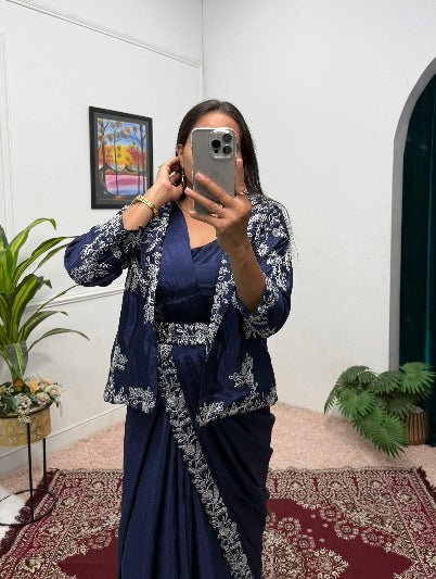 1 Min Navy Blue Embroidered Stitched Sari Blouse Koti UK Next Day - BONYHUBSAREE