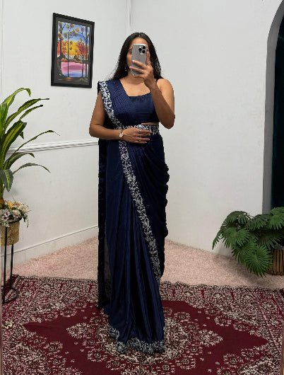 1 Min Navy Blue Embroidered Stitched Sari Blouse Koti UK Next Day - BONYHUBSAREE
