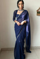 1 Min Navy Blue Georgette Readymade Saree & Stitched Blouse - BONYHUBSAREE
