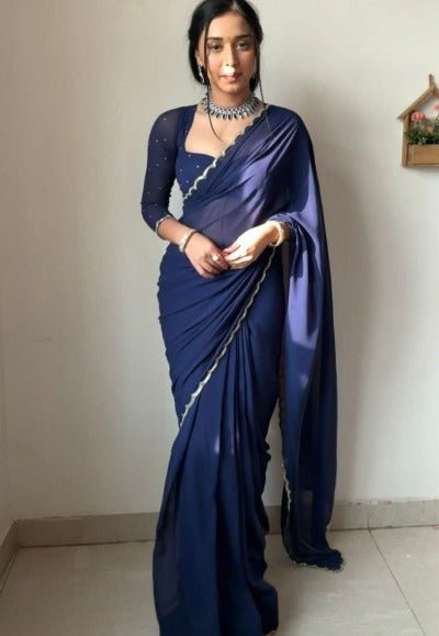 1 Min Navy Blue Georgette Readymade Saree & Stitched Blouse - BONYHUBSAREE