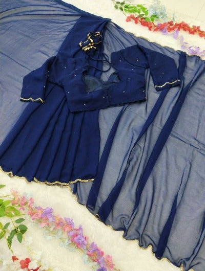 1 Min Navy Blue Georgette Readymade Saree & Stitched Blouse - BONYHUBSAREE