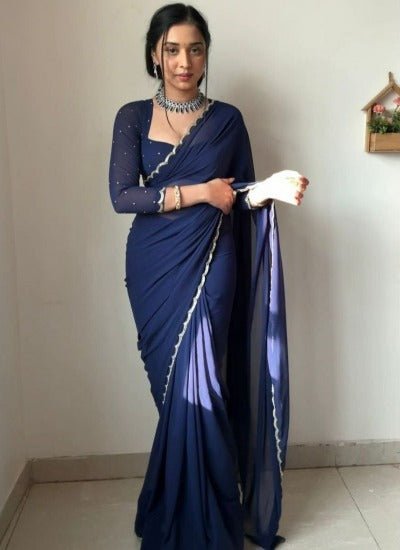 1 Min Navy Blue Georgette Readymade Saree &amp; Stitched Blouse - BONYHUBSAREE
