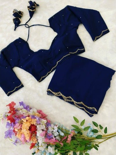 1 Min Navy Blue Georgette Readymade Saree &amp; Stitched Blouse - BONYHUBSAREE