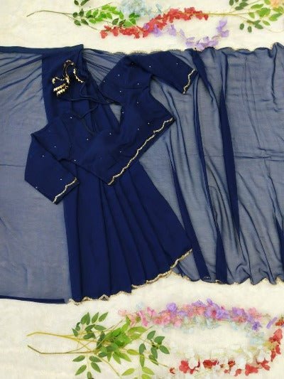 1 Min Navy Blue Georgette Readymade Saree &amp; Stitched Blouse - BONYHUBSAREE