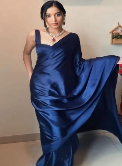 1 Min Navy Blue Satin Silk Stitched Readymade Saree - BONYHUBSAREE