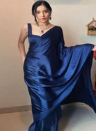 1 Min Navy Blue Satin Silk Stitched Readymade Saree - BONYHUBSAREE