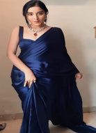 1 Min Navy Blue Satin Silk Stitched Readymade Saree - BONYHUBSAREE