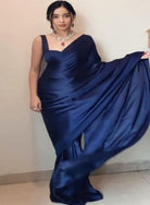 1 Min Navy Blue Satin Silk Stitched Readymade Saree - BONYHUBSAREE