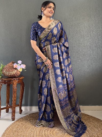 1 Min Navy Blue Soft Moss Silk Stitched Readymade Saree - BONYHUBSAREE