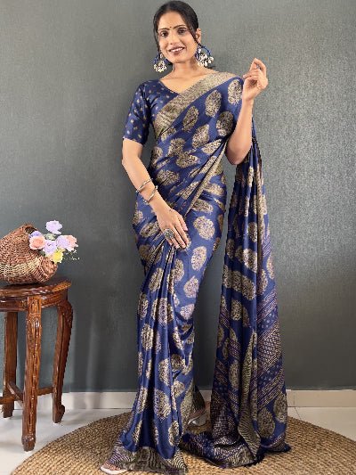 1 Min Navy Blue Soft Moss Silk Stitched Readymade Saree - BONYHUBSAREE