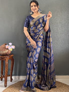 1 Min Navy Blue Soft Moss Silk Stitched Readymade Saree - BONYHUBSAREE