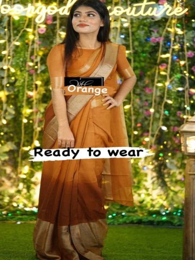 1 Min Orange Chiffon Silk Stitched Readymade Saree - BONYHUBSAREE