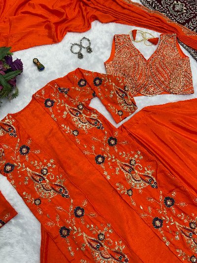 1 Min Orange Embroidered Ready to Wear Stitched Saree Blouse & Koti - BONYHUBSAREE