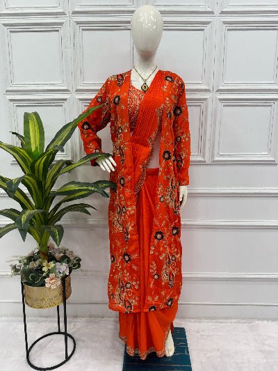 1 Min Orange Embroidered Ready to Wear Stitched Saree Blouse & Koti - BONYHUBSAREE
