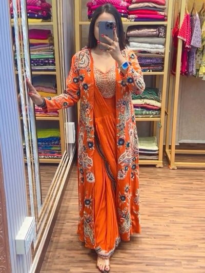 1 Min Orange Embroidered Ready to Wear Stitched Saree Blouse & Koti - BONYHUBSAREE