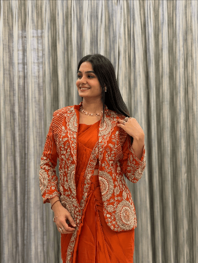 1 Min Orange Embroidered Stitched Sari Blouse Koti UK Next Day - BONYHUBSAREE