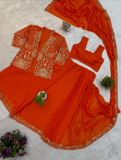 1 Min Orange Embroidered Stitched Sari Blouse Koti UK Next Day - BONYHUBSAREE