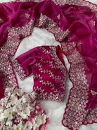 1 Min Organza Silk Stitched Readymade Saree & Stitched Blouse - BONYHUBSAREE