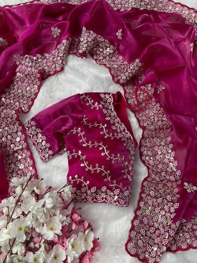 1 Min Organza Silk Stitched Readymade Saree & Stitched Blouse - BONYHUBSAREE