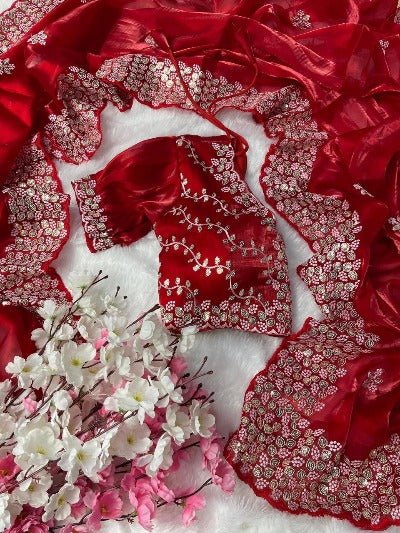 1 Min Organza Silk Stitched Readymade Saree & Stitched Blouse - BONYHUBSAREE