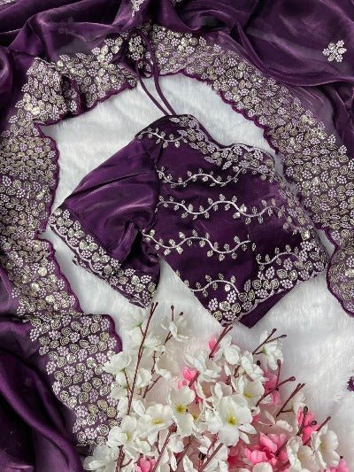 1 Min Organza Silk Stitched Readymade Saree & Stitched Blouse - BONYHUBSAREE