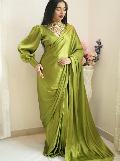 1 Min Parrot Green Satin Silk Stitched Readymade Saree - BONYHUBSAREE