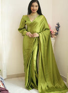 1 Min Parrot Green Satin Silk Stitched Readymade Saree - BONYHUBSAREE