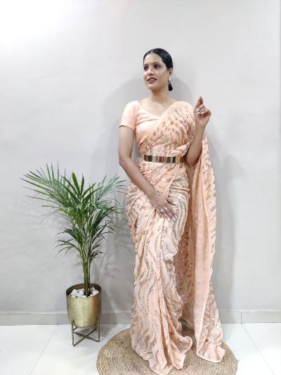 1 Min Peach Sequins Embellished Stitched Readymade Saree - BONYHUBSAREE