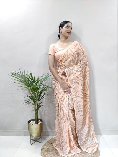 1 Min Peach Sequins Embellished Stitched Readymade Saree - BONYHUBSAREE