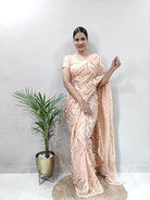 1 Min Peach Sequins Embellished Stitched Readymade Saree - BONYHUBSAREE