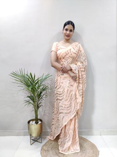 1 Min Peach Sequins Embellished Stitched Readymade Saree - BONYHUBSAREE