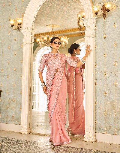 1 Min Peach Stylish Designer Readymade Saree+ Blouse - BONYHUBSAREE