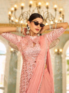 1 Min Peach Stylish Designer Readymade Saree+ Blouse - BONYHUBSAREE